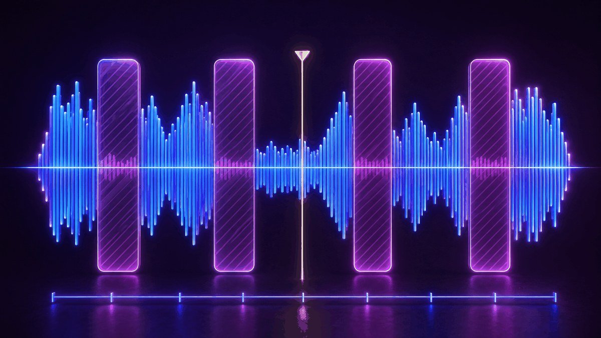 Neon audio waveform on a dark stage, with hatched blocks marking the silent sections to be cut, a playhead and a timeline below