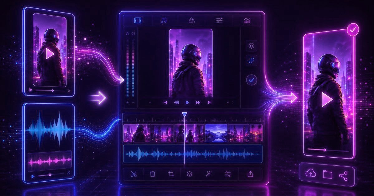 Illustration of a video and an audio waveform flowing into an editor with a preview and a timeline, and out again as one finished video