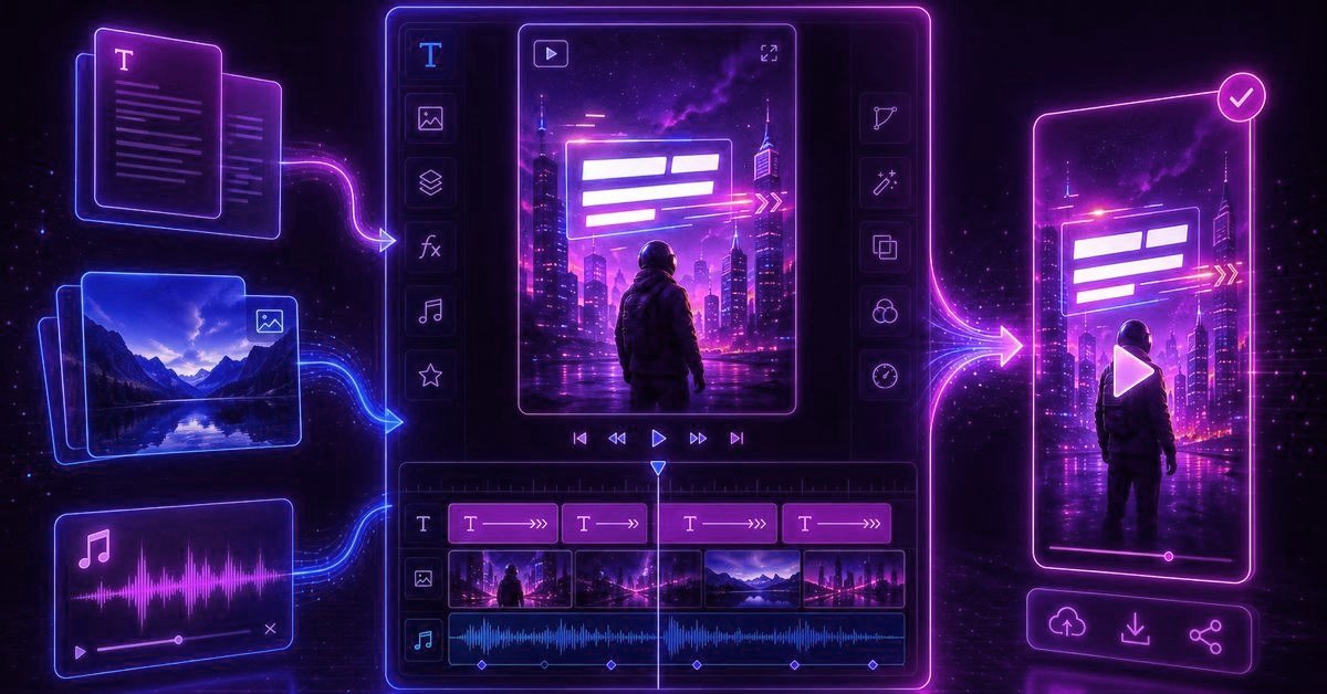 Illustration of text, pictures and an audio waveform flowing into an editor with a preview and separate text, picture and sound tracks, and out again as one finished video