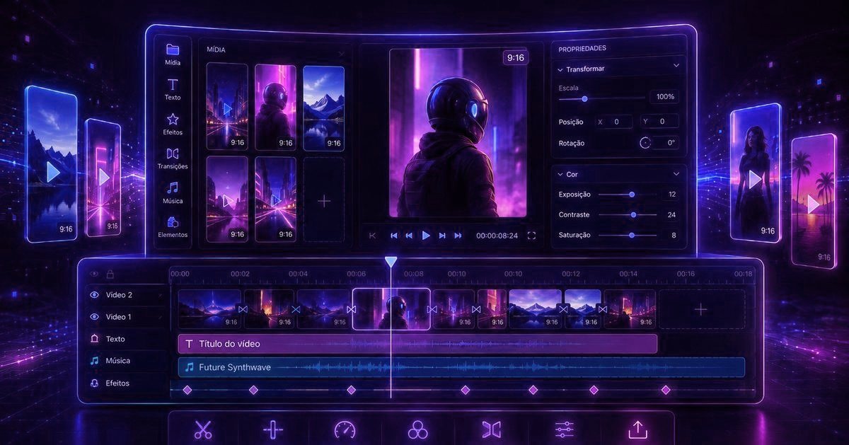 Illustration of a video editing workspace: a media library, a preview player with transport controls, a properties panel and a timeline of clips with a title and a music track