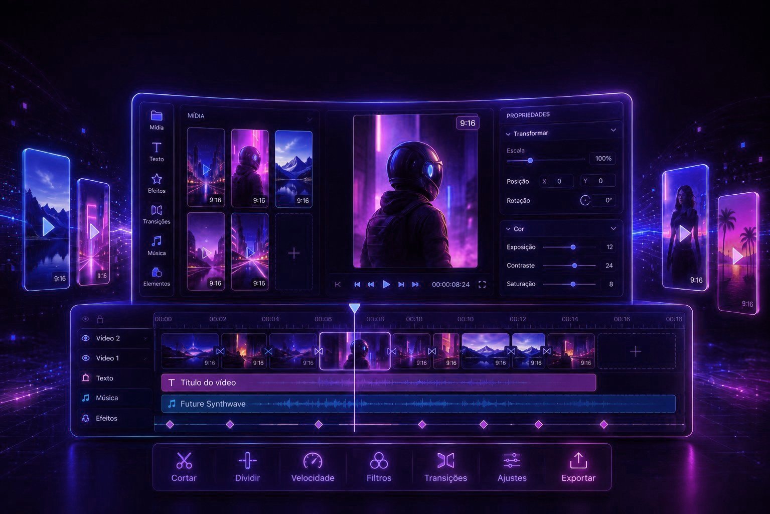 Illustration of a video editing workspace: a media library, a preview player with transport controls, a properties panel and a timeline of clips with a title and a music track